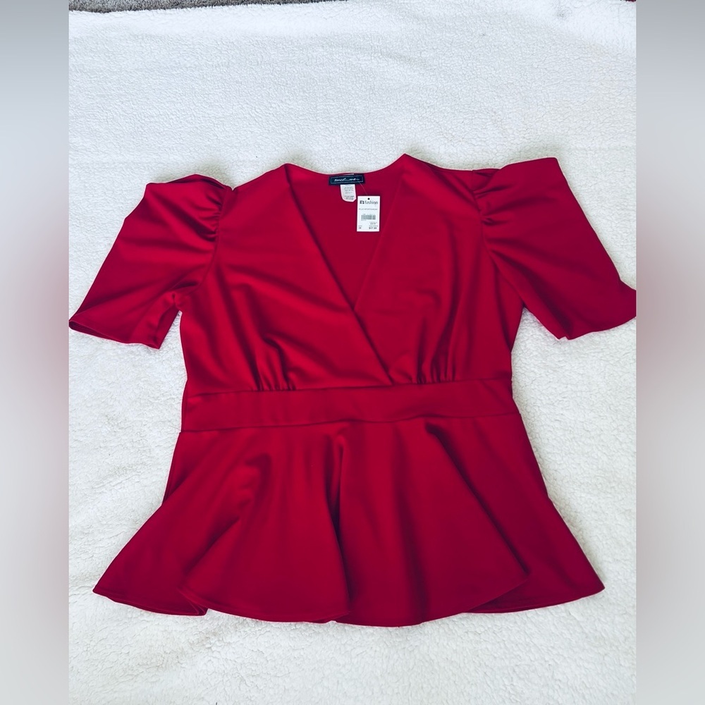 Touch me, Red Puff Sleeve Peplum Wrap Blouse